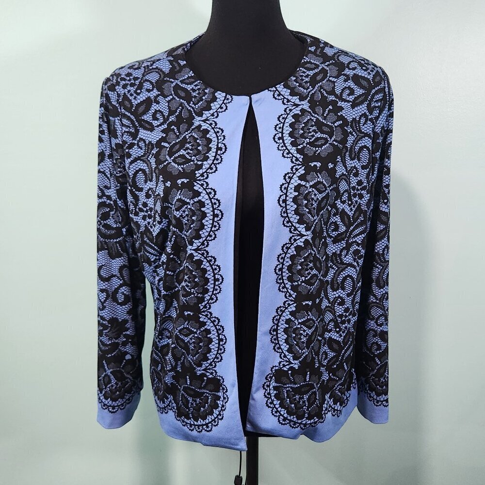 Bob Mackie Wearable Art cardigan  bright blue printed black lace
Lot H